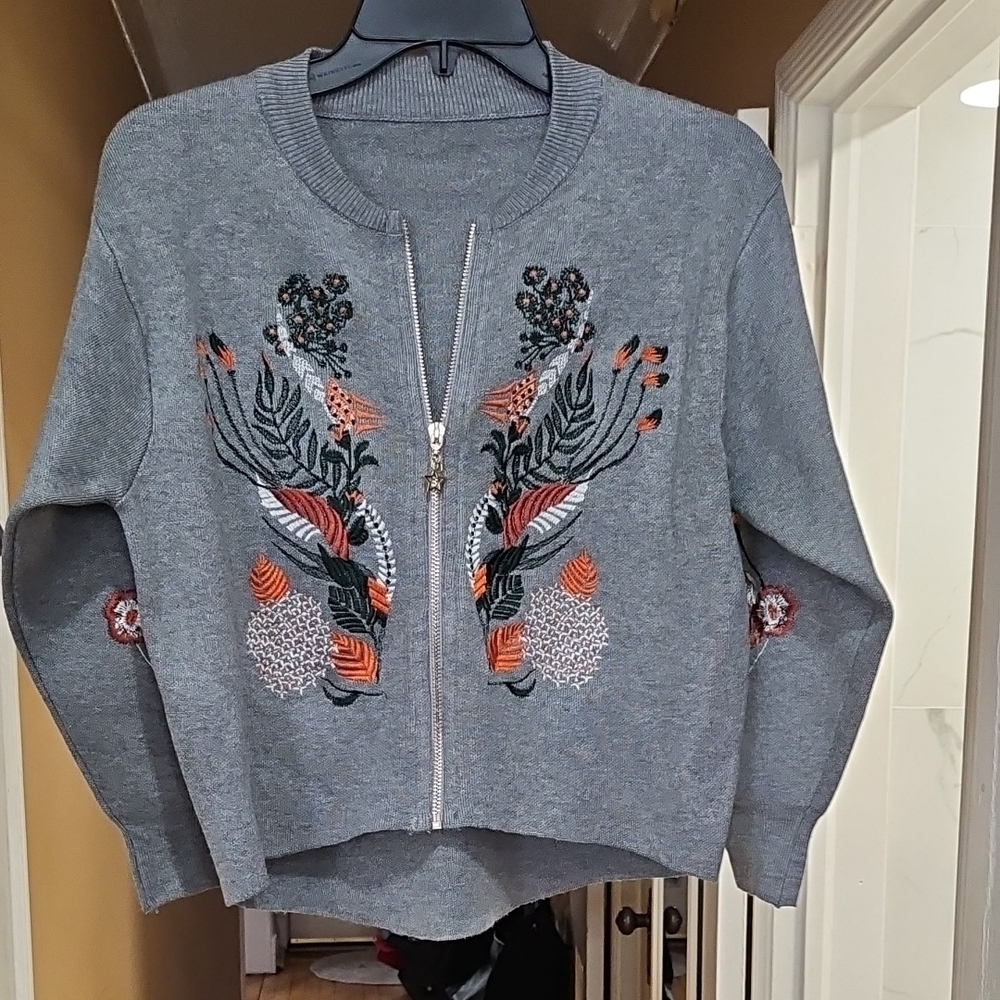 Gray Embroidered Zip-Up Cardigan